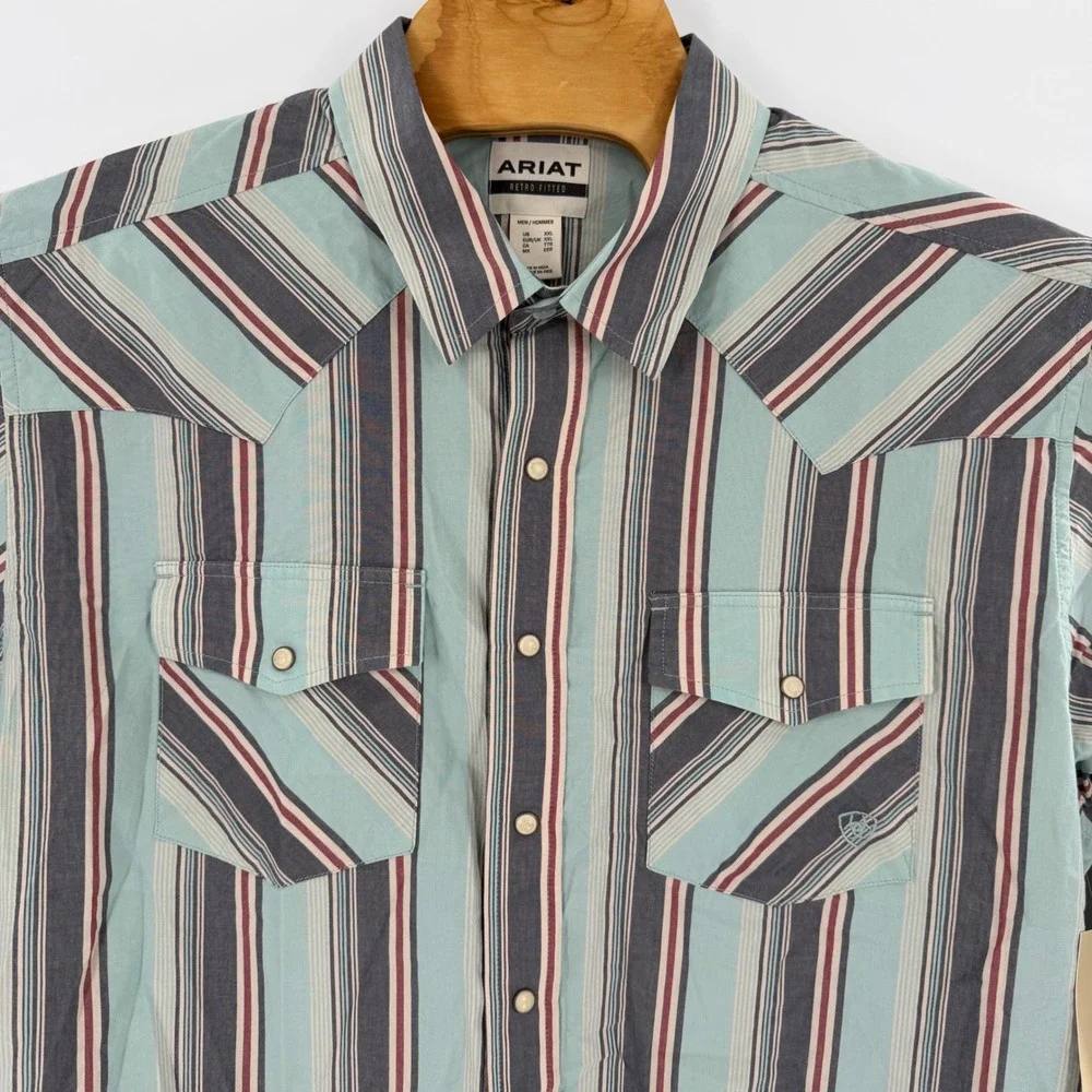 Ariat Retro Fitted Mens XXL Blue‎ Striped Western Pearl Snap Shirt LS NWT
